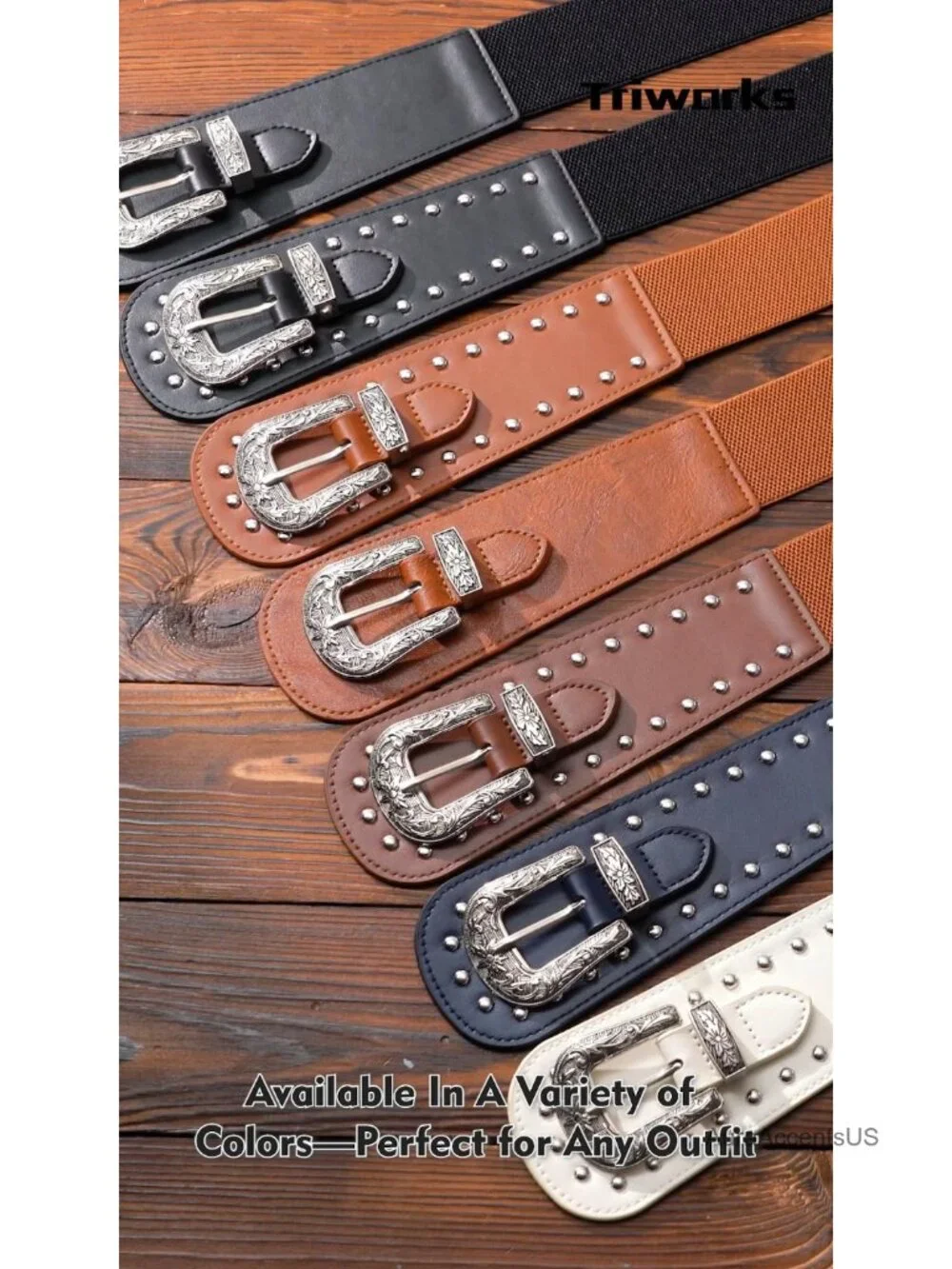 Vintage Studded Western 2in Wide Stretch PU Leather Belt